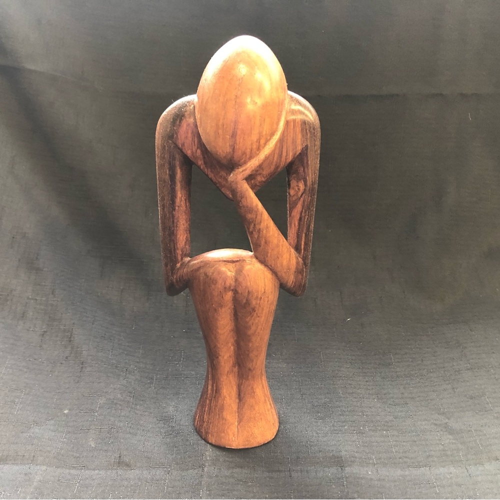 Handcrafted Brown Wooden Contemplative Sculpture - Decorative Home Art